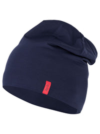 Dunkelblaue Beanie von hydt. als weiche Kopfbedeckung während der Chemotherapie, aus atmungsaktivem Lyocell.
