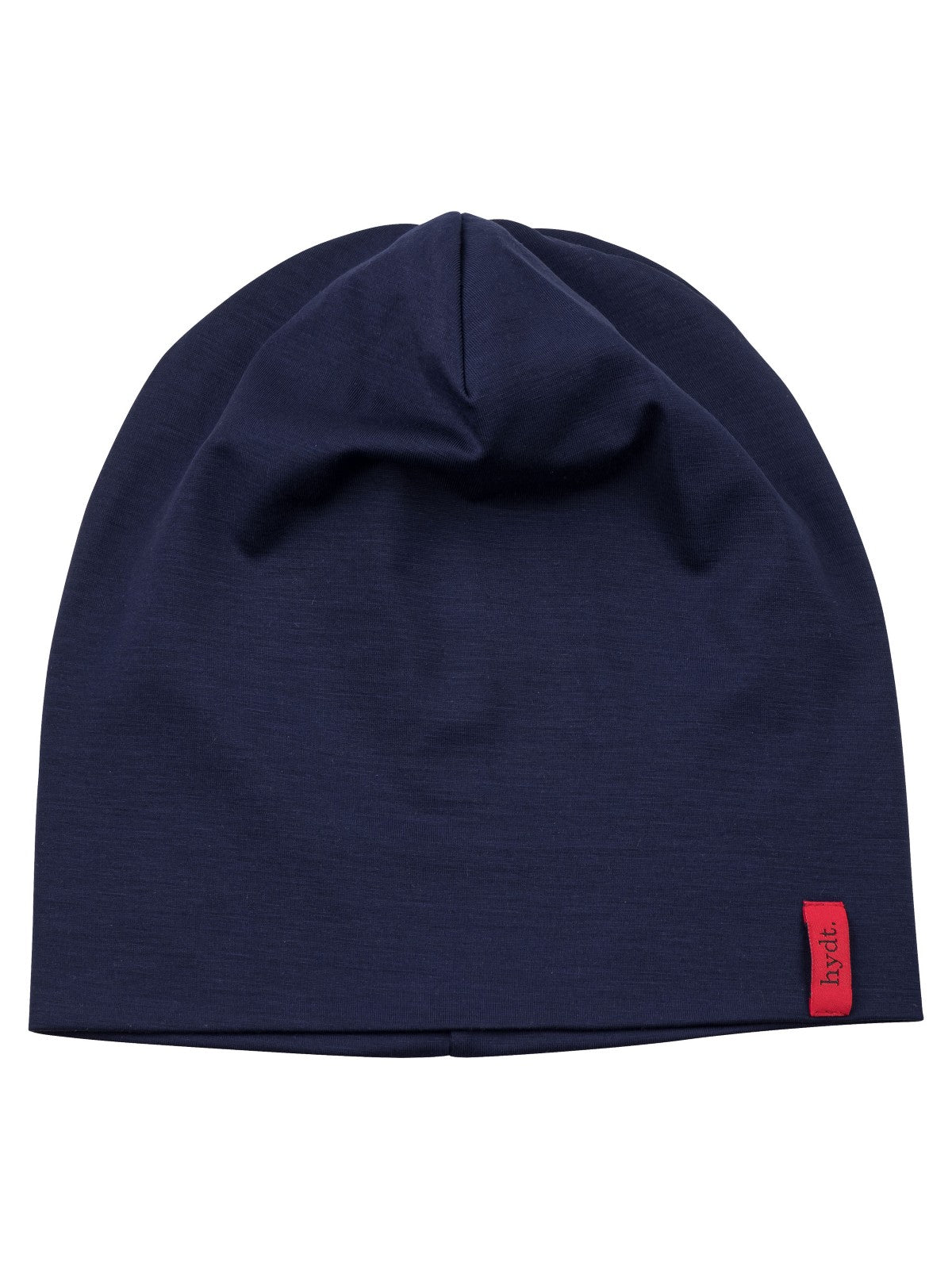 Marineblaue Mütze bei Haarausfall, flach liegend mit rotem  hydt. Logo-Label, schützt empfindliche Kopfhaut