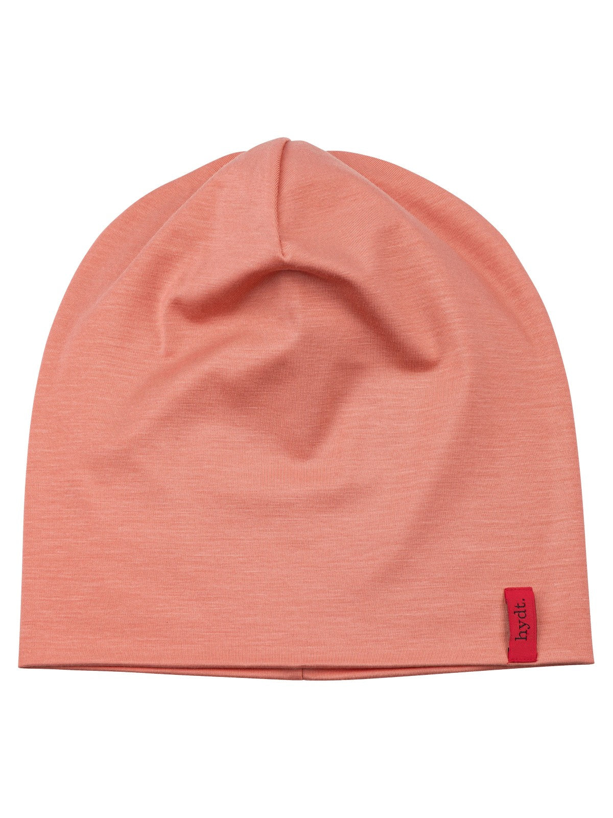 Korallenfarbene Beanie für Damen und Herren bei Haarausfall, flach liegend fotografiert, zeigt den feinen Stoff und das rote hydt. Logo.