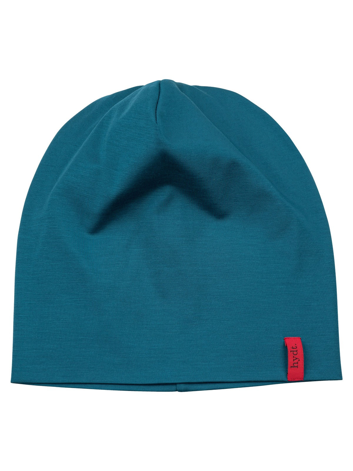  Petrolblaue Beanie für Damen und Herren bei Haarausfall, flach liegend fotografiert, zeigt den feinen Stoff und das rote hydt. Logo